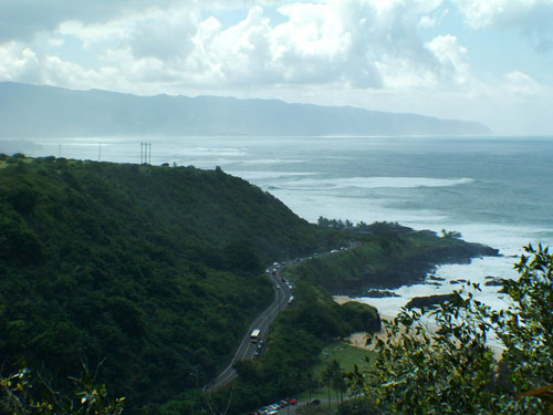 Looking down on Waimea Bay at Pu'u o Mahuka heiau